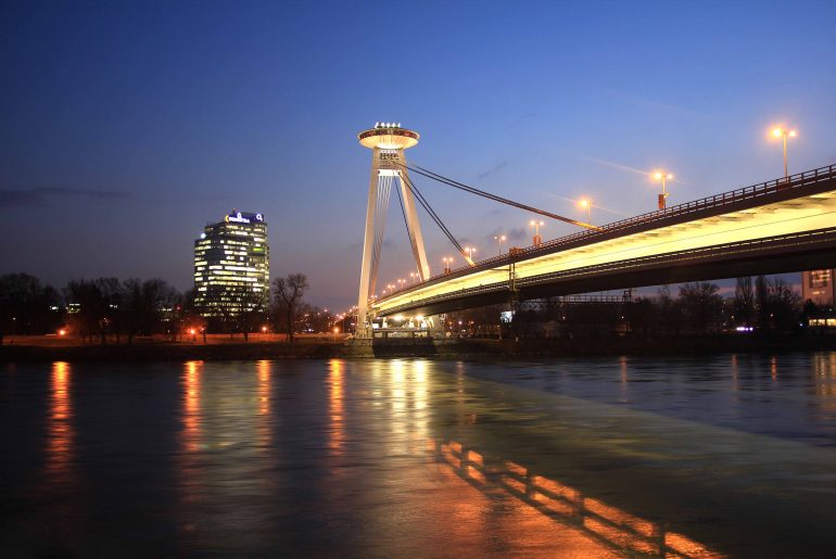 ufo, snp most, danube, boats, nightshot, tourist attraction, city trip