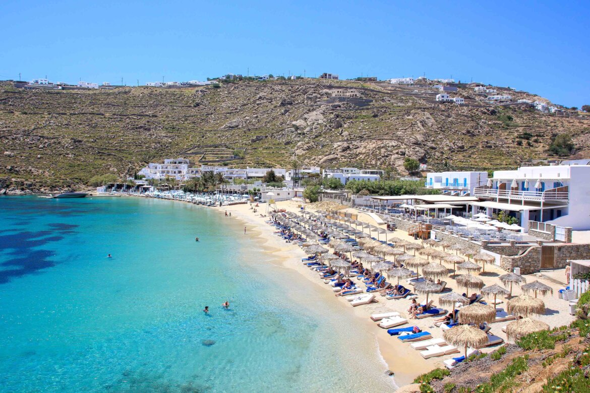 Strand Psarou Beach, Mykonos, Griechenland