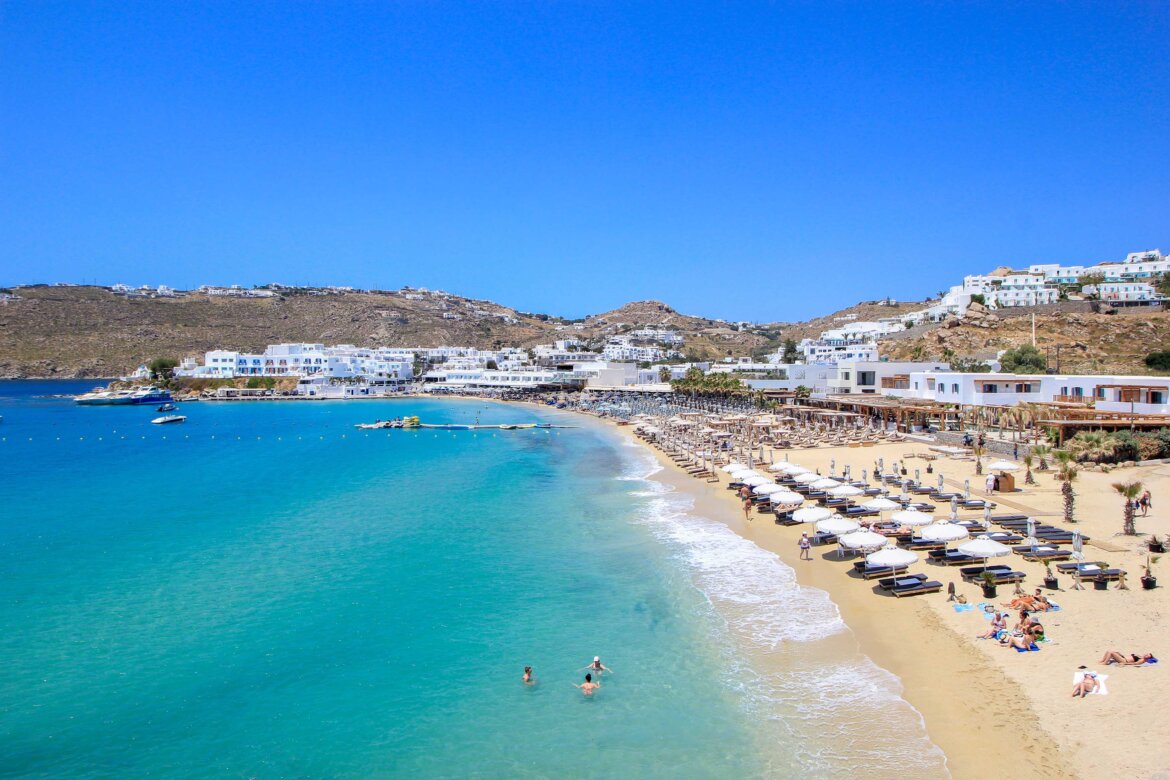 Strand Platis Gialos, Mykonos, Griechenland